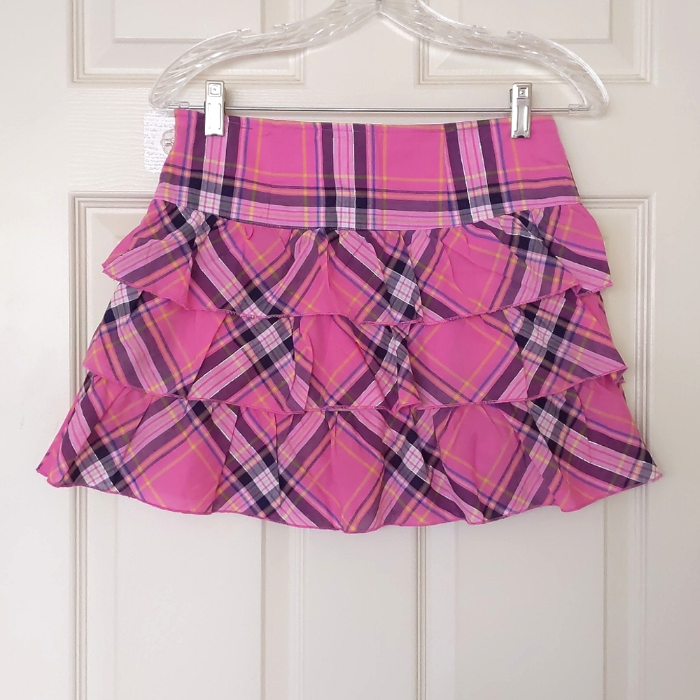NWOT. Limited Too Multi Color Plaid Skirt/Skorts with ruffles and sparkling.